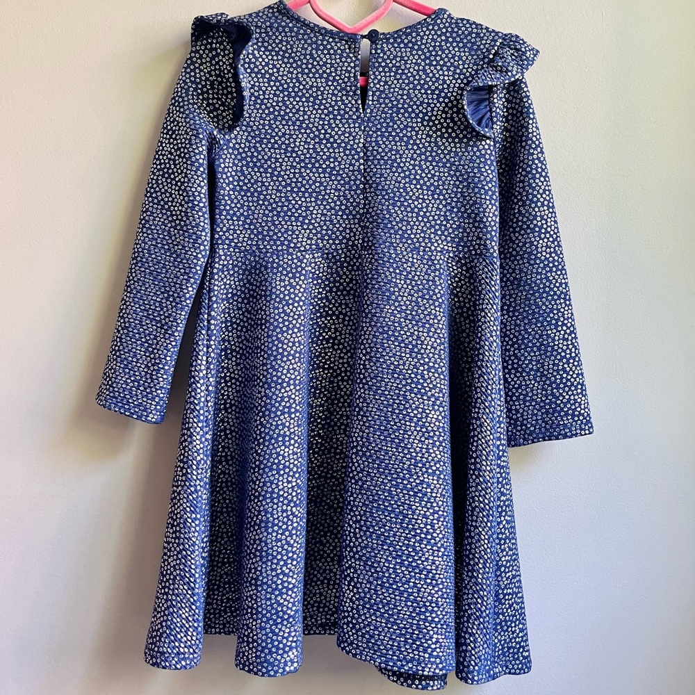 Pippa & Julie | Navy Blue & Silver Dot Ruffle Shoulder Fit and Flair Dress - Picture 2 of 5